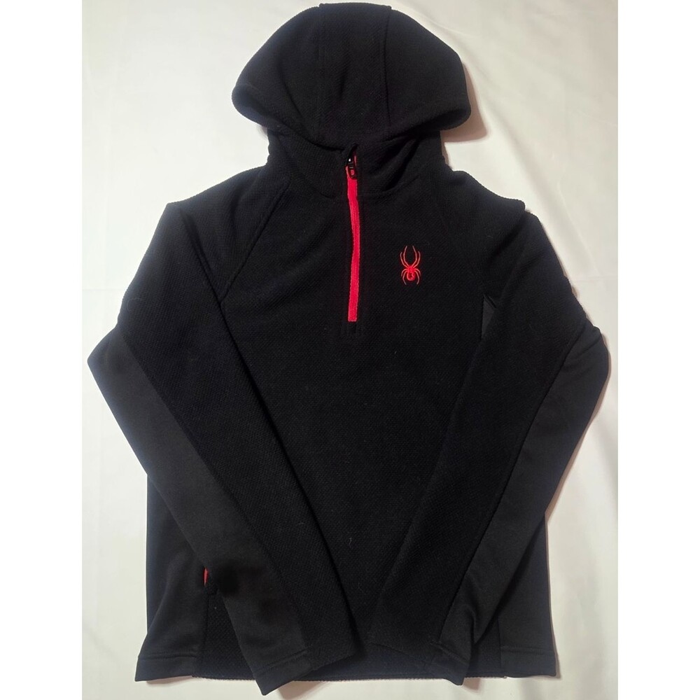Spyder Mens Size Small Black Red Quarter Zip Hooded Fleece Sweatshirt Pullover